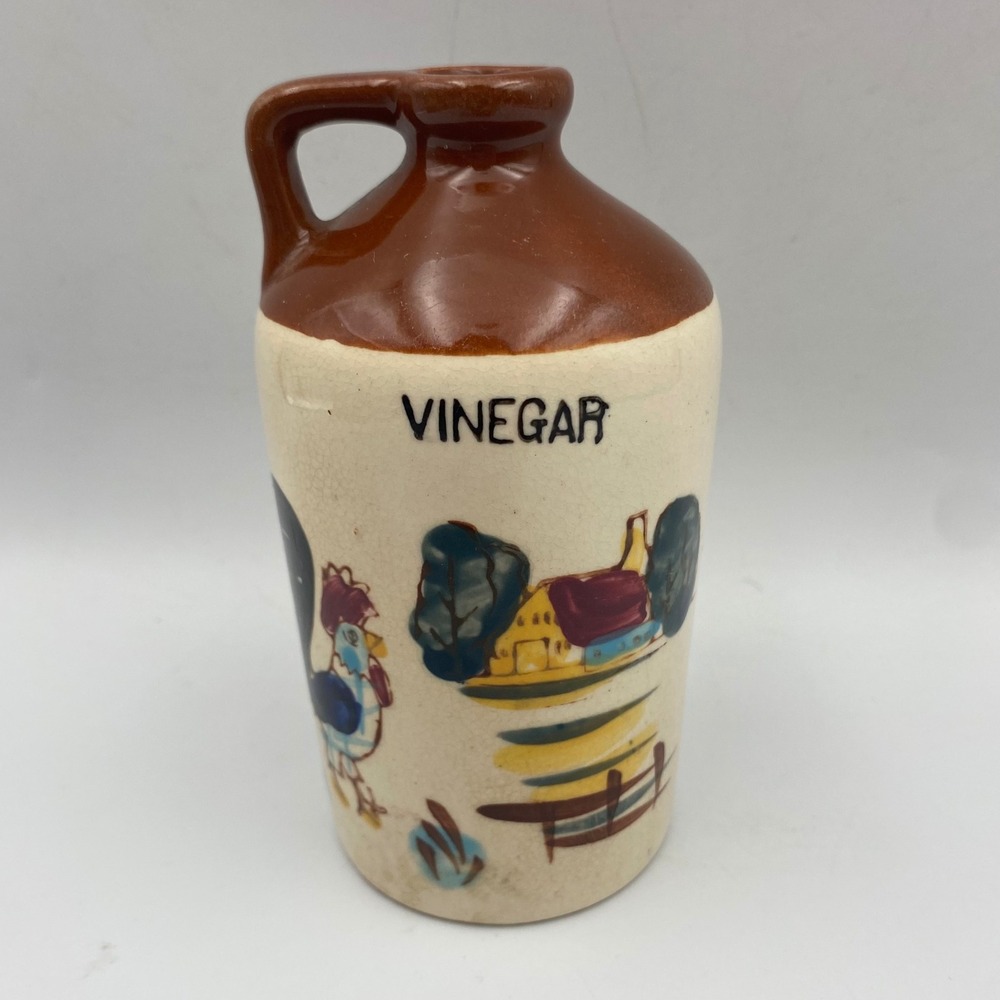 Vintage Hand Painted Ceramic Vinegar Jug‎ Farmhouse Rooster Cottage Scene 5"